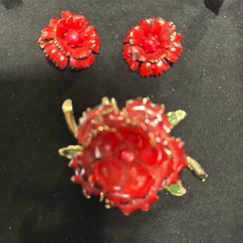 Vintage Red Enamel Brooch and Earrings.